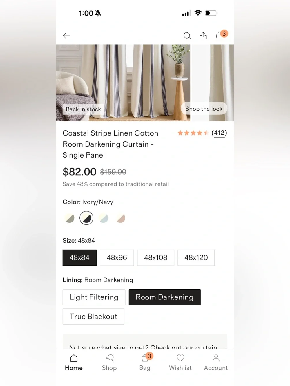 Coastal Stripe Ivory/Navy 48x84 Linen Cotton Room Darkening Panel - Retail $82